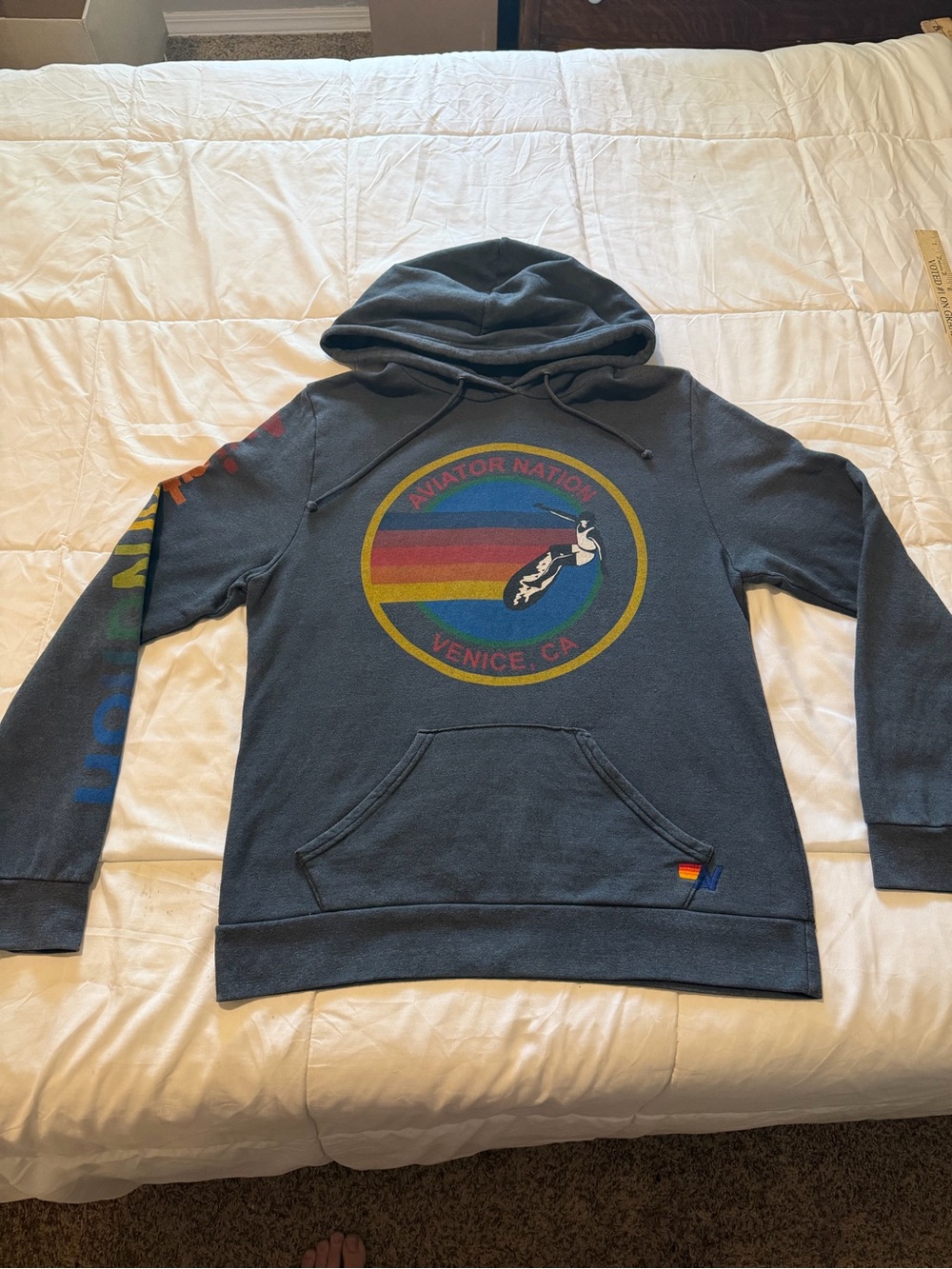 Aviator Nation Slate Blue Hoodie with Rainbow Chest Logo